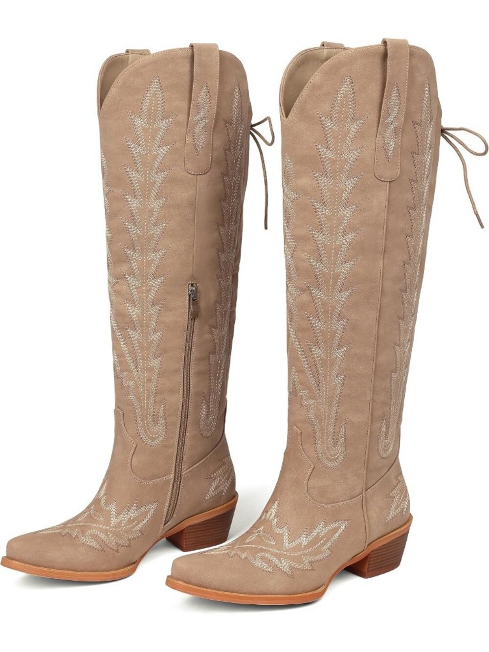 Women's Apricot Cowgirl Boots Knee High Embroidered Lace Up Western Boots